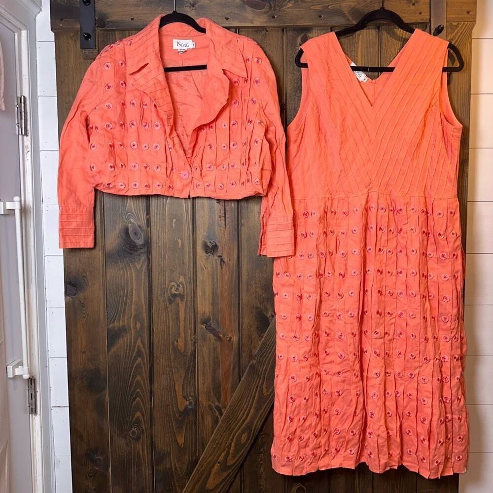 J SONG EMBROIDERED LINEN 2PC PLEATED MIDI DRESS & JACKET